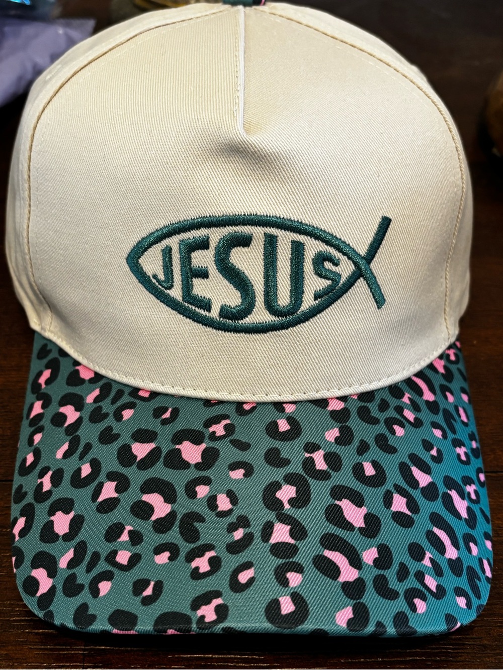 Womens Beige & Teal 'JESUS' Embroidered Cap with Pink Leopard Visor